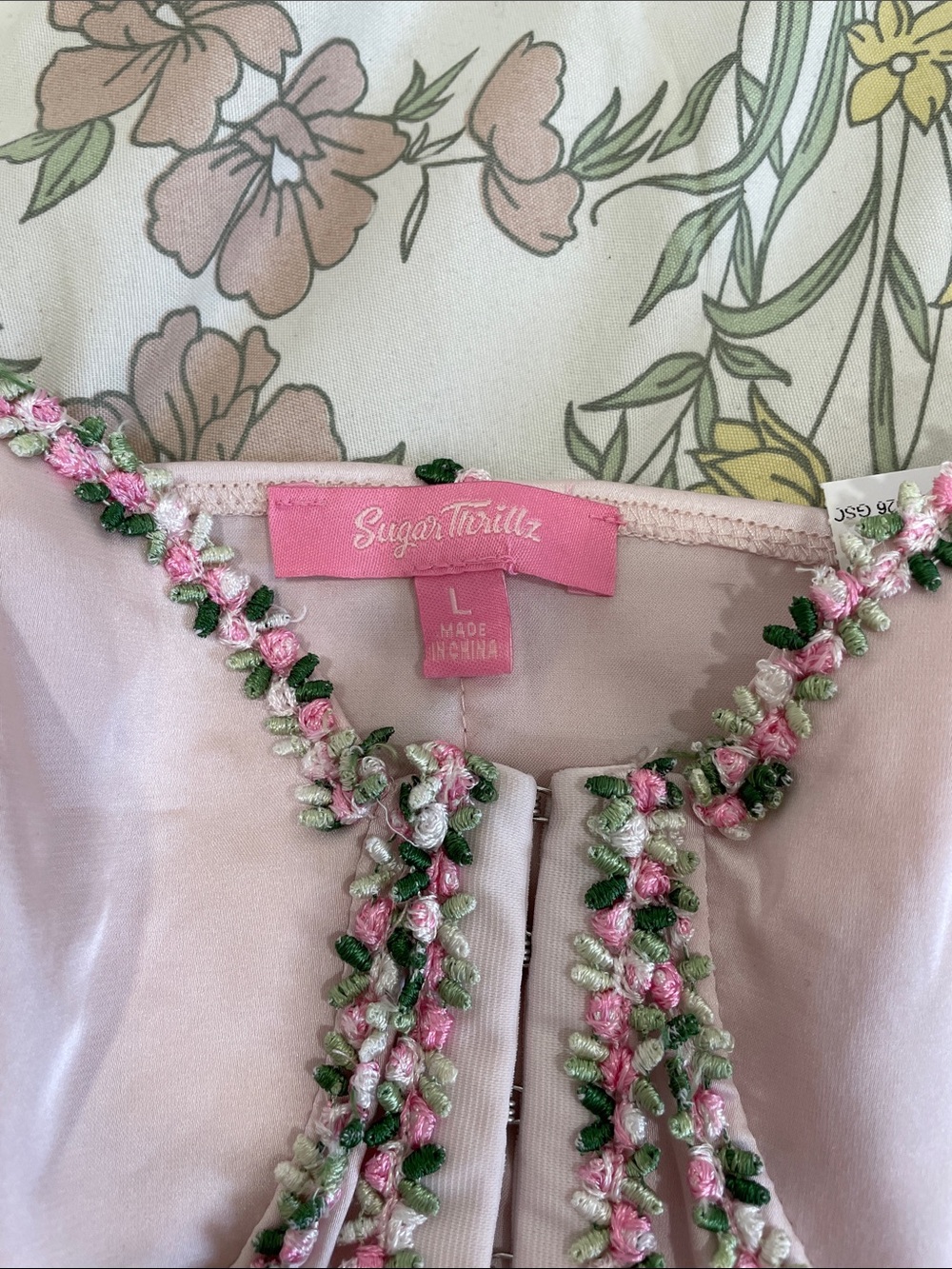 Sugar Thrillz Pale Pink Satin Floral-Trim Bustier Crop - Picture 2 of 7